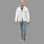 Men's White Lambskin Premium Original Leather Double-Zip Biker Jacket with Snap Buttons