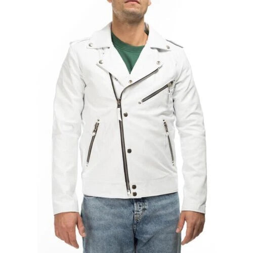 Men's White Lambskin Premium Original Leather Double-Zip Biker Jacket with Snap Buttons