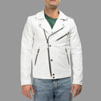 Men's White Lambskin Premium Original Leather Double-Zip Biker Jacket with Snap Buttons