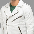 Men's White Lambskin Premium Original Leather Double-Zip Biker Jacket with Snap Buttons