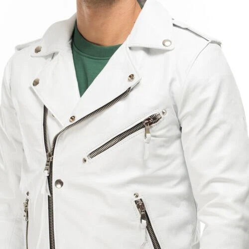 Men's White Lambskin Premium Original Leather Double-Zip Biker Jacket with Snap Buttons