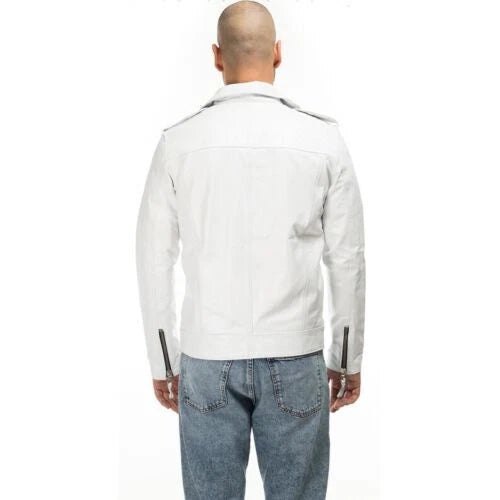 Men's White Lambskin Premium Original Leather Double-Zip Biker Jacket with Snap Buttons