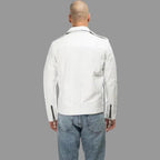 Men's White Lambskin Premium Original Leather Double-Zip Biker Jacket with Snap Buttons