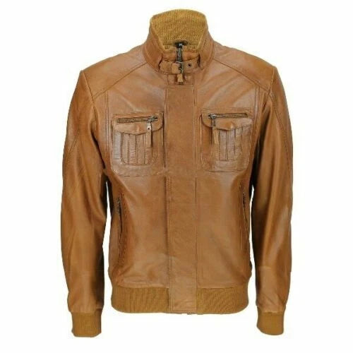 Men's Tan Lambskin Original Premium Leather Bomber Jacket with Dual Chest Zip Pockets