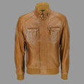 Men's Tan Lambskin Original Premium Leather Bomber Jacket with Dual Chest Zip Pockets