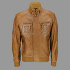 Men's Tan Lambskin Original Premium Leather Bomber Jacket with Dual Chest Zip Pockets