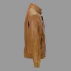 Men's Tan Lambskin Original Premium Leather Bomber Jacket with Dual Chest Zip Pockets