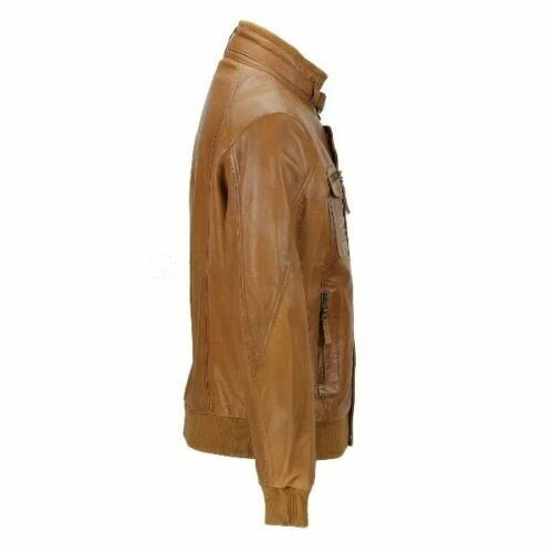 Men's Tan Lambskin Original Premium Leather Bomber Jacket with Dual Chest Zip Pockets