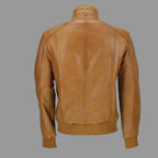 Men's Tan Lambskin Original Premium Leather Bomber Jacket with Dual Chest Zip Pockets