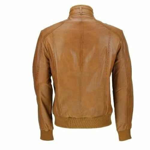 Men's Tan Lambskin Original Premium Leather Bomber Jacket with Dual Chest Zip Pockets
