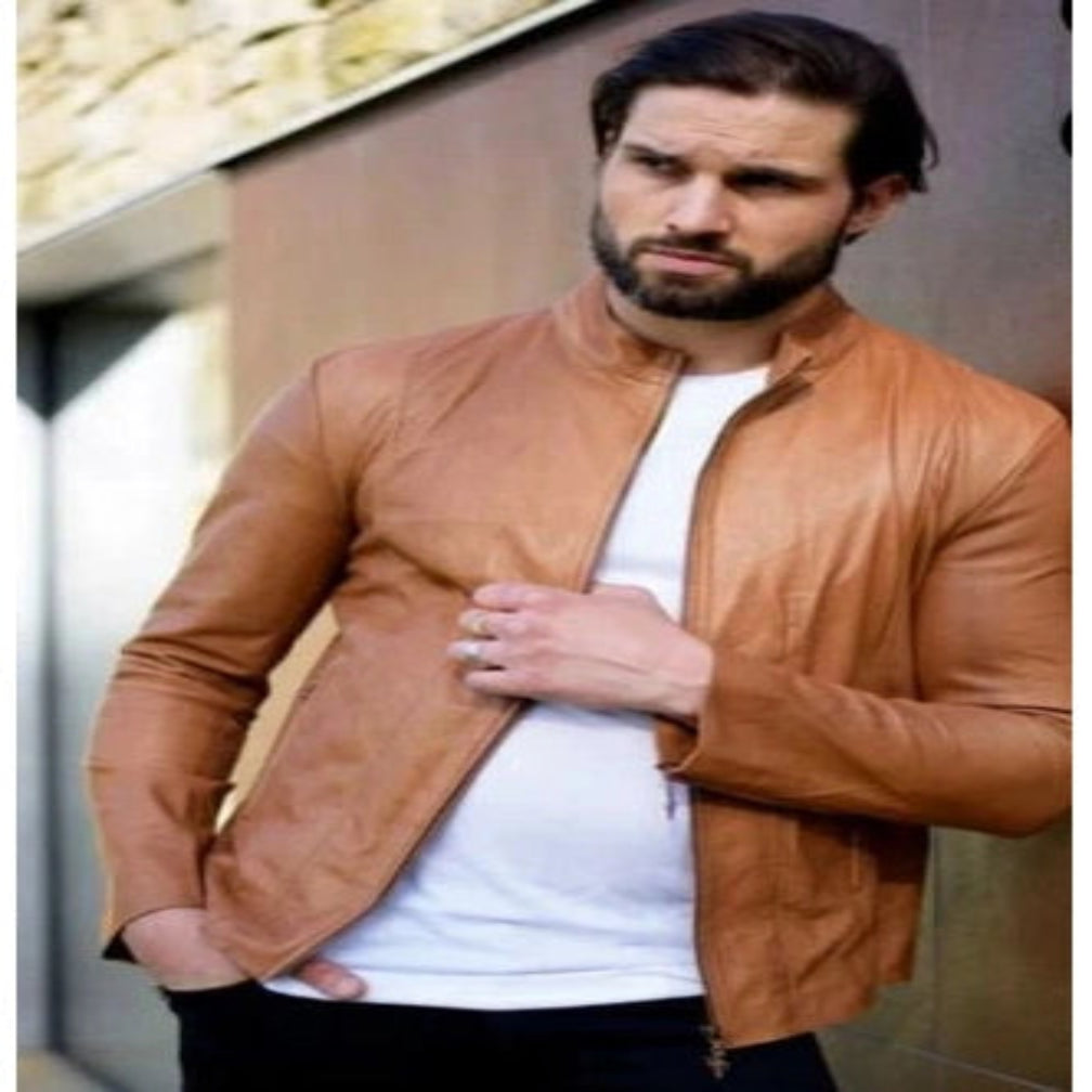 Men's Tan Lambskin Premium Original Leather Slim-Fit Racer Jacket
