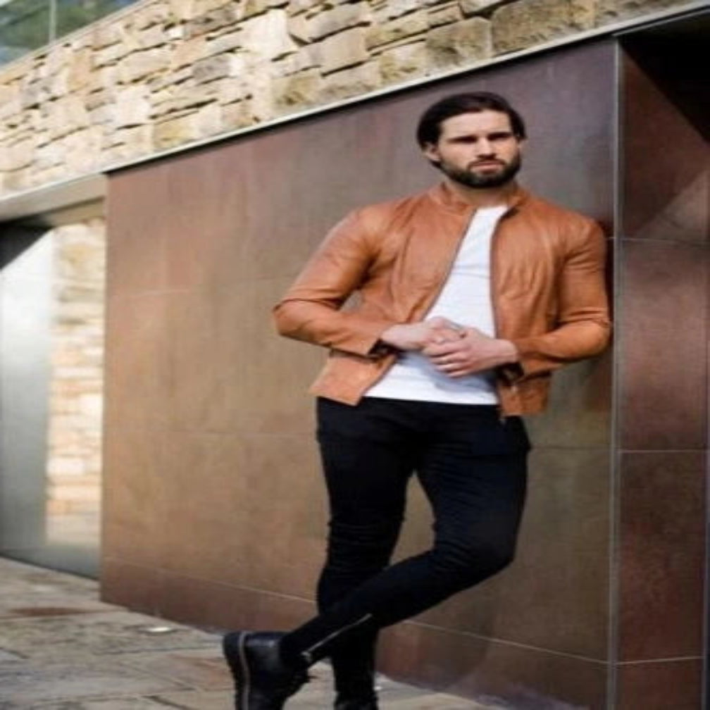 Men's Tan Lambskin Premium Original Leather Slim-Fit Racer Jacket