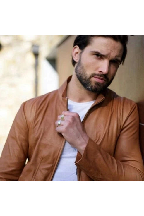 Men's Tan Lambskin Premium Original Leather Slim-Fit Racer Jacket