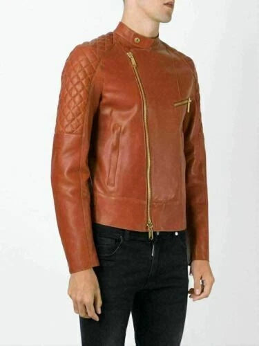 Men's Cognac Lambskin Premium Original Leather Asymmetric Biker Jacket with Quilted Shoulders & Gold Hardware