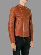 Men's Cognac Lambskin Premium Original Leather Asymmetric Biker Jacket with Quilted Shoulders & Gold Hardware