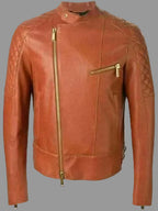 Men's Cognac Lambskin Premium Original Leather Asymmetric Biker Jacket with Quilted Shoulders & Gold Hardware