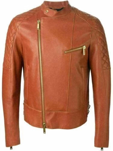 Men's Cognac Lambskin Premium Original Leather Asymmetric Biker Jacket with Quilted Shoulders & Gold Hardware