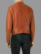 Men's Cognac Lambskin Premium Original Leather Asymmetric Biker Jacket with Quilted Shoulders & Gold Hardware