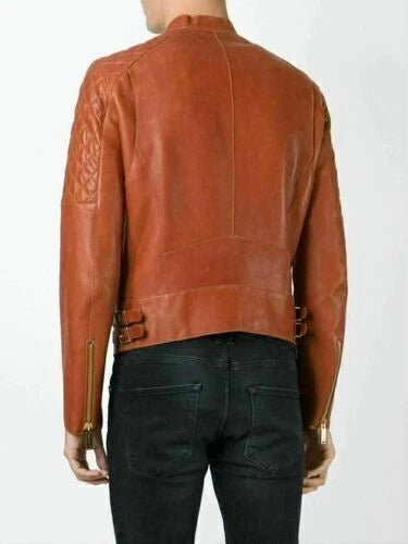 Men's Cognac Lambskin Premium Original Leather Asymmetric Biker Jacket with Quilted Shoulders & Gold Hardware