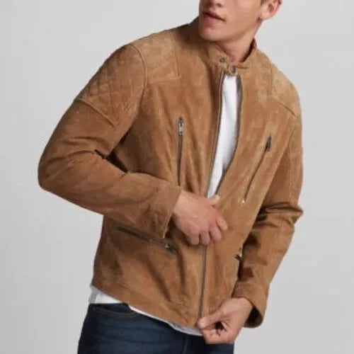 Men's Tan Suede Original Premium Leather Racer Jacket with Multi-Zip Pockets