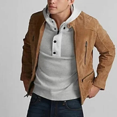 Men's Tan Suede Original Premium Leather Racer Jacket with Multi-Zip Pockets