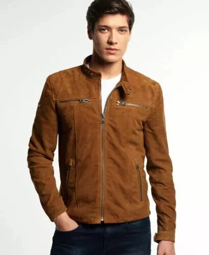 Men's Whiskey Tan Suede Original Leather Premium Racer Jacket