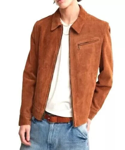 Men's Saddle Brown Suede Original Leather Zip Shirt-Collar Jacket