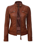 Women's Tan Brown Lambskin Original Premium Leather Biker Jacket – leather jacket, front view – Kamercio