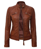 Women's Tan Brown Lambskin Original Premium Leather Biker Jacket – leather jacket, front view – Kamercio