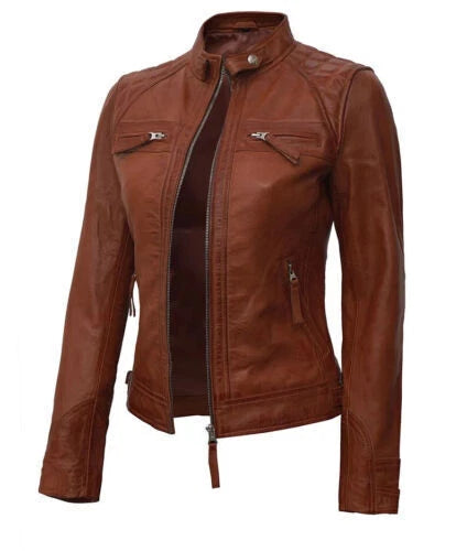 Women's Tan Brown Lambskin Original Premium Leather Biker Jacket
