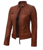 Women's Tan Brown Lambskin Original Premium Leather Biker Jacket – leather jacket, back view – Kamercio