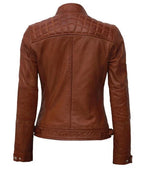 Women's Tan Brown Lambskin Original Premium Leather Biker Jacket – leather jacket, side view – Kamercio