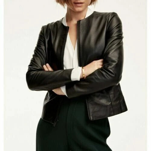 Women's Black Lambskin Original Premium Leather Collarless Blazer Jacket