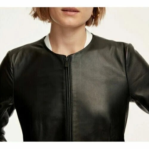Women's Black Lambskin Original Premium Leather Collarless Blazer Jacket