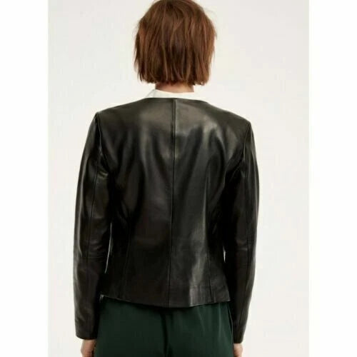 Women's Black Lambskin Original Premium Leather Collarless Blazer Jacket