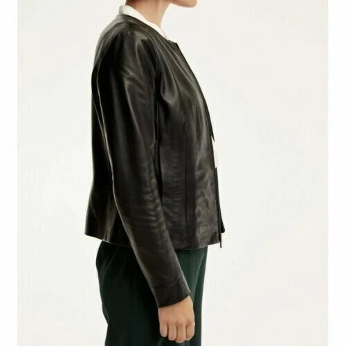 Women's Black Lambskin Original Premium Leather Collarless Blazer Jacket