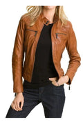 Women's Tan Brown Lambskin Original Premium Leather Racer Jacket – bomber jacket, front view – Kamercio