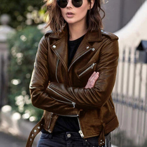 Women's Dark Brown Distressed Premium Lambskin Original Leather Biker Jacket