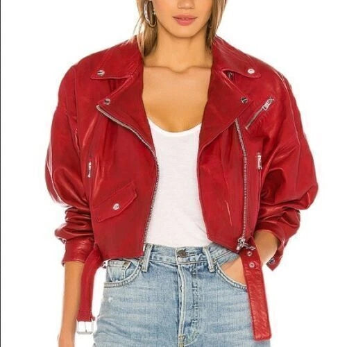 Women's Red Premium Lambskin Original Leather Oversized Biker Jacket