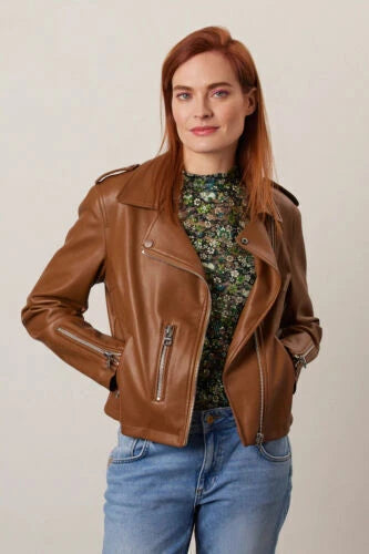 Women's Tan Brown Lambskin Premium Original Leather Biker Jacket with Gold Hardware