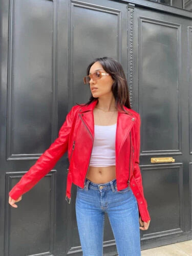 Women's Red Lambskin Premium Original Leather Slim Fit Biker Jacket