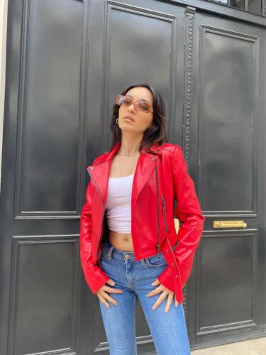 Women's Red Lambskin Premium Original Leather Slim Fit Biker Jacket