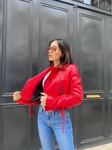 Women's Red Lambskin Premium Original Leather Slim Fit Biker Jacket