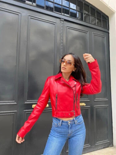 Women's Red Lambskin Premium Original Leather Slim Fit Biker Jacket