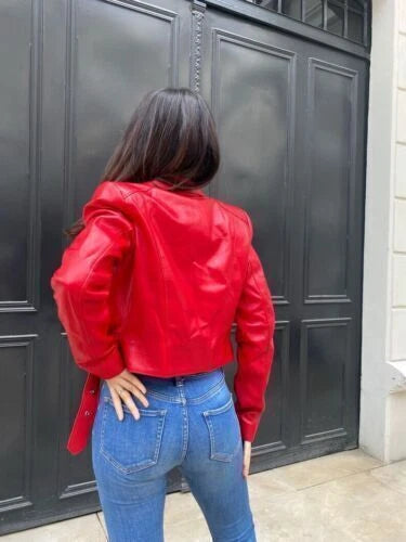 Women's Red Lambskin Premium Original Leather Slim Fit Biker Jacket