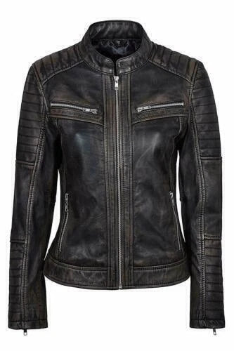 Women's Distressed Black Biker Premium Original Leather Jacket – Kamercio Leather