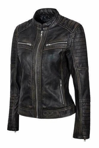 Women's Distressed Black Biker Premium Original Leather Jacket – Kamercio Leather