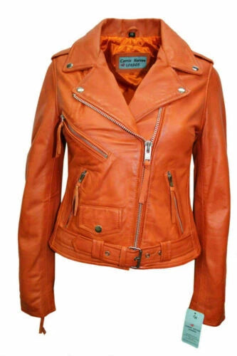 Women's Orange Classic Biker Original Premium Leather Jacket – Kamercio Leather