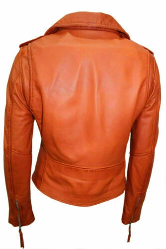 Women's Orange Classic Biker Original Premium Leather Jacket – Kamercio Leather