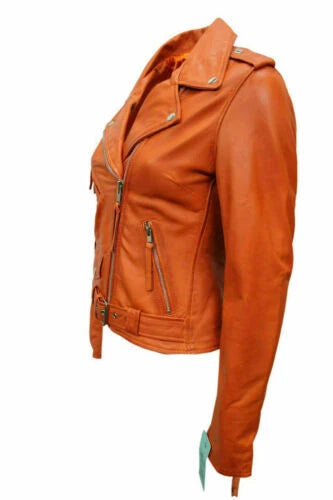 Women's Orange Classic Biker Original Premium Leather Jacket – Kamercio Leather